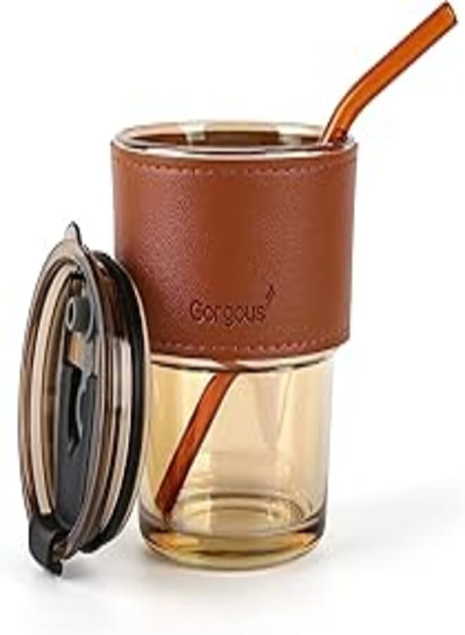 LARYNX 400 ml Glass Coffee Mug with Straw Coffee Cup with Leather Sleeve Mugs Gift Set Tea Cup,Tumbler Mug, Drinking Glasses for Gifts, Travel Mug, (Black,Set of 2) (Brown Leather Mug - 1 pcs)