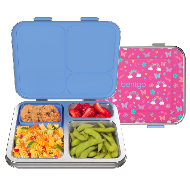 Bentgo Kids Stainless Steel Prints Leak-Resistant Lunch Box - 3-Compartments with Silicone Container, Durable, Eco-Friendly, Dishwasher Safe, BPA-Free, for School, Ages 3+ (Rainbows & Butterflies) - Image 1