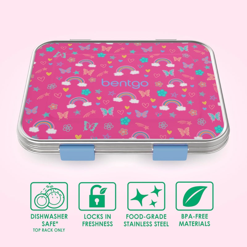 Bentgo Kids Stainless Steel Prints Leak-Resistant Lunch Box - 3-Compartments with Silicone Container, Durable, Eco-Friendly, Dishwasher Safe, BPA-Free, for School, Ages 3+ (Rainbows & Butterflies) - Image 3