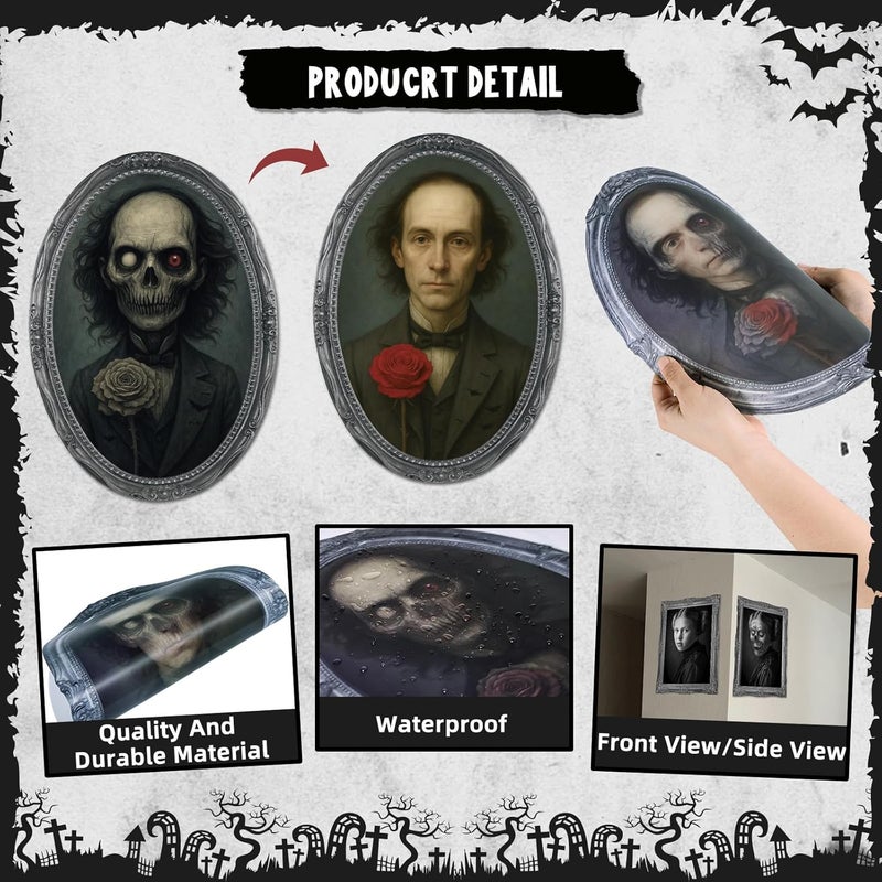 Garma Halloween Decorations 3D Changing Face Expression Moving Portrait Picture Frames for Horror Party Halloween House Decoration- 4 Pack - Image 2