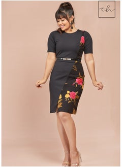 CH Glamstore Short Sleeve Mini Dress with Print and Plain Dress Panels  - Image 2