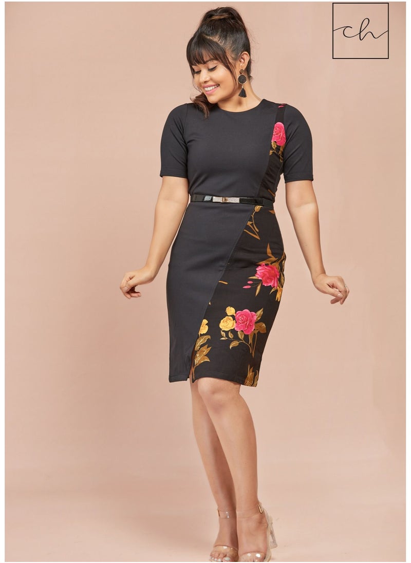 CH Glamstore Short Sleeve Mini Dress with Print and Plain Dress Panels  - Image 2