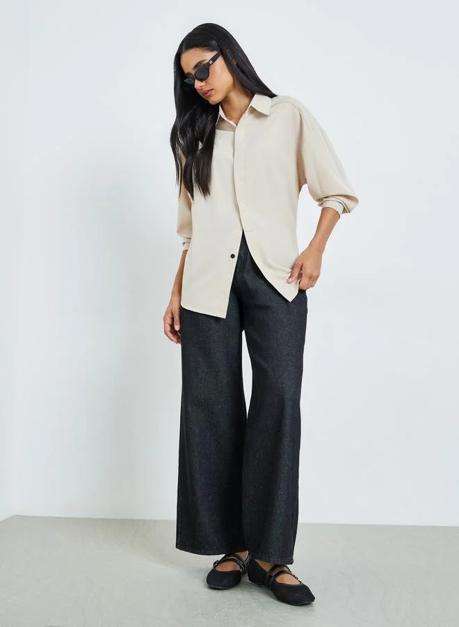 Styli Beige Solid Double-Placket Oversized Shirt