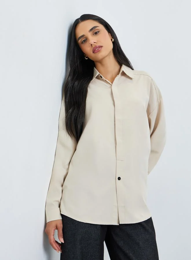 Styli Beige Solid Double-Placket Oversized Shirt
