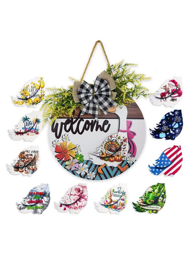 Midrean 12" 11PCS Wooden Interchangeable Holidays Seasons Decor Welcome Home Goosey Signs Year Round Wreaths for Front Door Porch Decorations Women Gift (Colorful) - Image 1