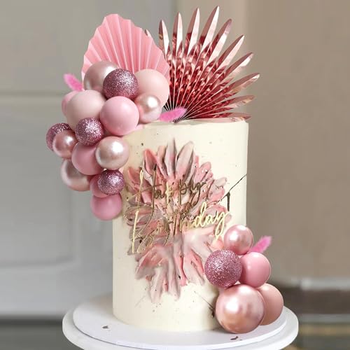 LEFUBABY 38 PCS Balls Cake Toppers Palm Leaves Cake Decorations for Birthday Wedding Baby Shower Party Supplies Rose Gold - Image 1