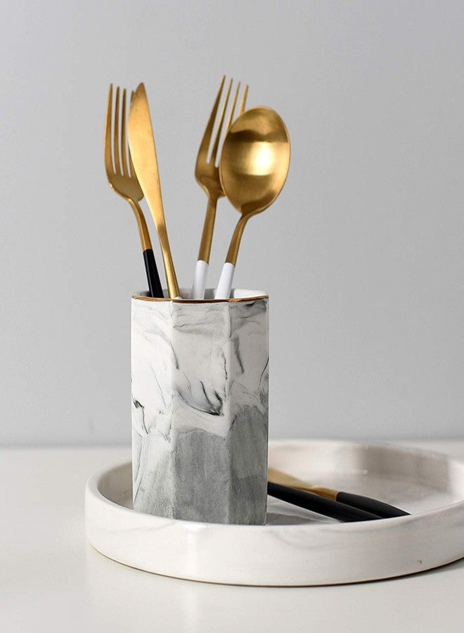 WAVEYU Pen Holder, Pencil Holder for Desk, Marble Desk Organizer Cute, Durable Ceramic Pencil Cup, Decorative Makeup Brush Holder Cup, Stationery Holder for Office, Home, Gray Marble - Image 3