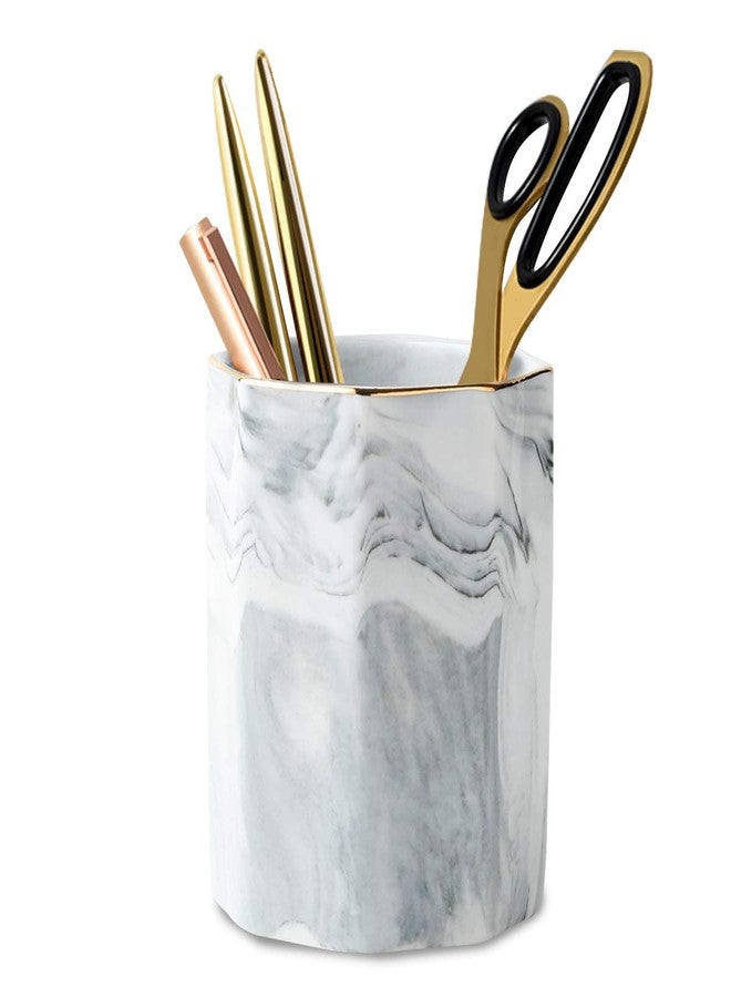 WAVEYU Pen Holder, Pencil Holder for Desk, Marble Desk Organizer Cute, Durable Ceramic Pencil Cup, Decorative Makeup Brush Holder Cup, Stationery Holder for Office, Home, Gray Marble - Image 1