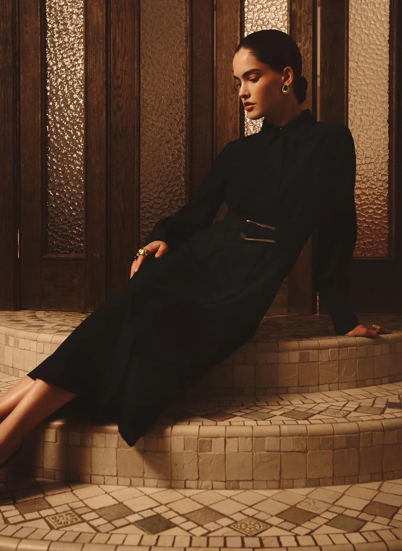 Lichi  Midi dress with waist pleats and wide belt for Women | Best Price UAE