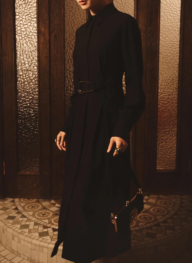 Lichi  Midi dress with waist pleats and wide belt for Women | Best Price UAE