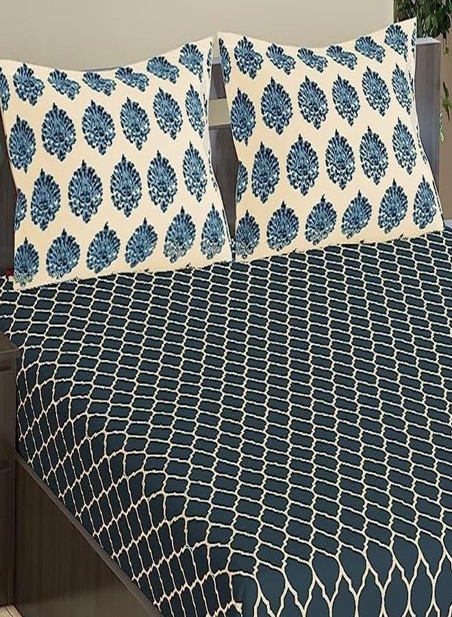 Trance Home Linen 200TC 100% Cotton King Size Printed Bedsheet | Bedding Set of King Size Flat Bed Cover with 2 Pillow Covers (108x108 inch | 9ft x 9ft - Dori & Damask - Blue) - Image 3