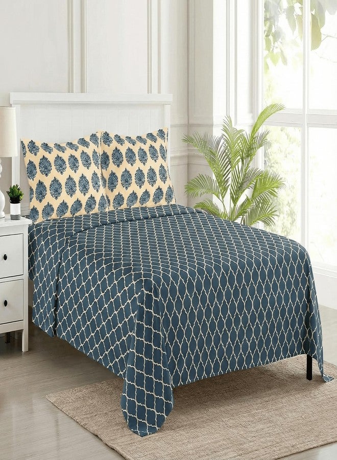 Trance Home Linen 200TC 100% Cotton King Size Printed Bedsheet | Bedding Set of King Size Flat Bed Cover with 2 Pillow Covers (108x108 inch | 9ft x 9ft - Dori & Damask - Blue) - Image 1