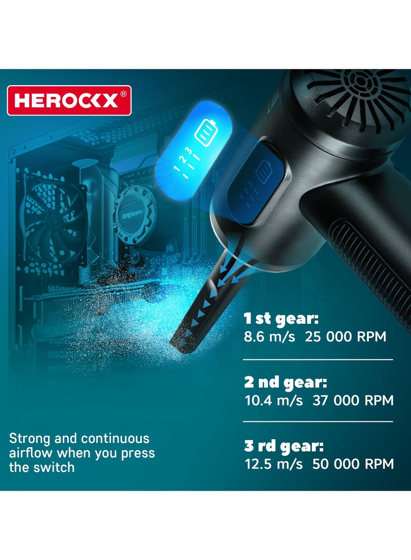هيروكس منفضة هواء مضغوطة كهربائية مزودة بإضاءة LED، 3 سرعات حتى 51000 دورة في الدقيقة، منفاخ محمول قابل لإعادة الشحن، منفاخ لاسلكي للكمبيوتر المحمول ولوحة المفاتيح والكاميرا ومجموعة تنظيف الإلكترونيات - Image 2