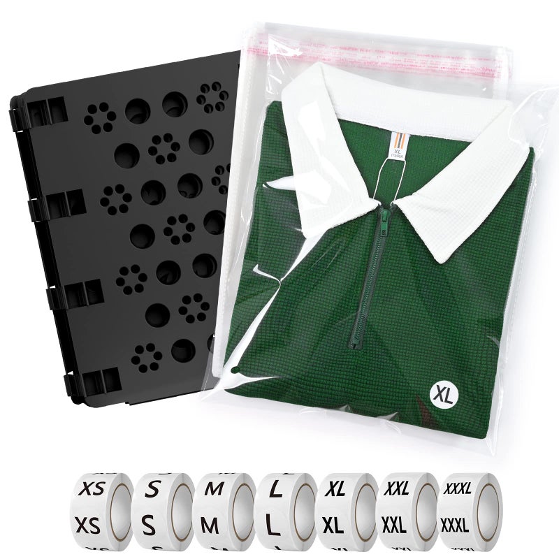 BoxLegend Shirt Folding Board V3 with Shirt Bags and Size Stickers Pack of 100 Bags 11x14 inches and 1 Folding Board and 7 Sizes 3500 PCS Size Stickers for Clothing Tshirt Bags for Small Business - Image 1