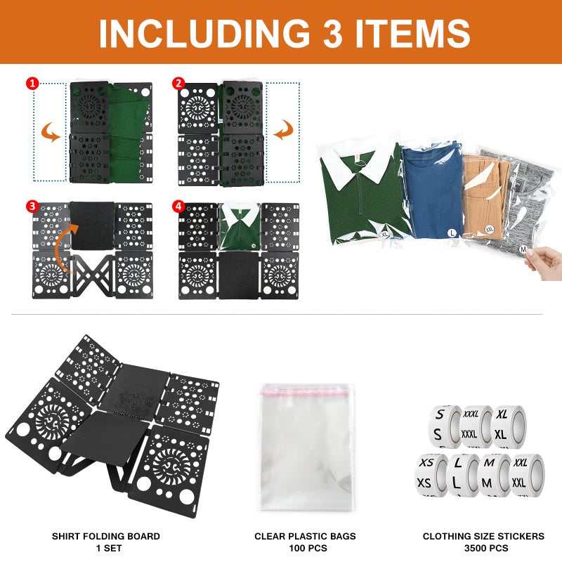 BoxLegend Shirt Folding Board V3 with Shirt Bags and Size Stickers Pack of 100 Bags 11x14 inches and 1 Folding Board and 7 Sizes 3500 PCS Size Stickers for Clothing Tshirt Bags for Small Business - Image 2