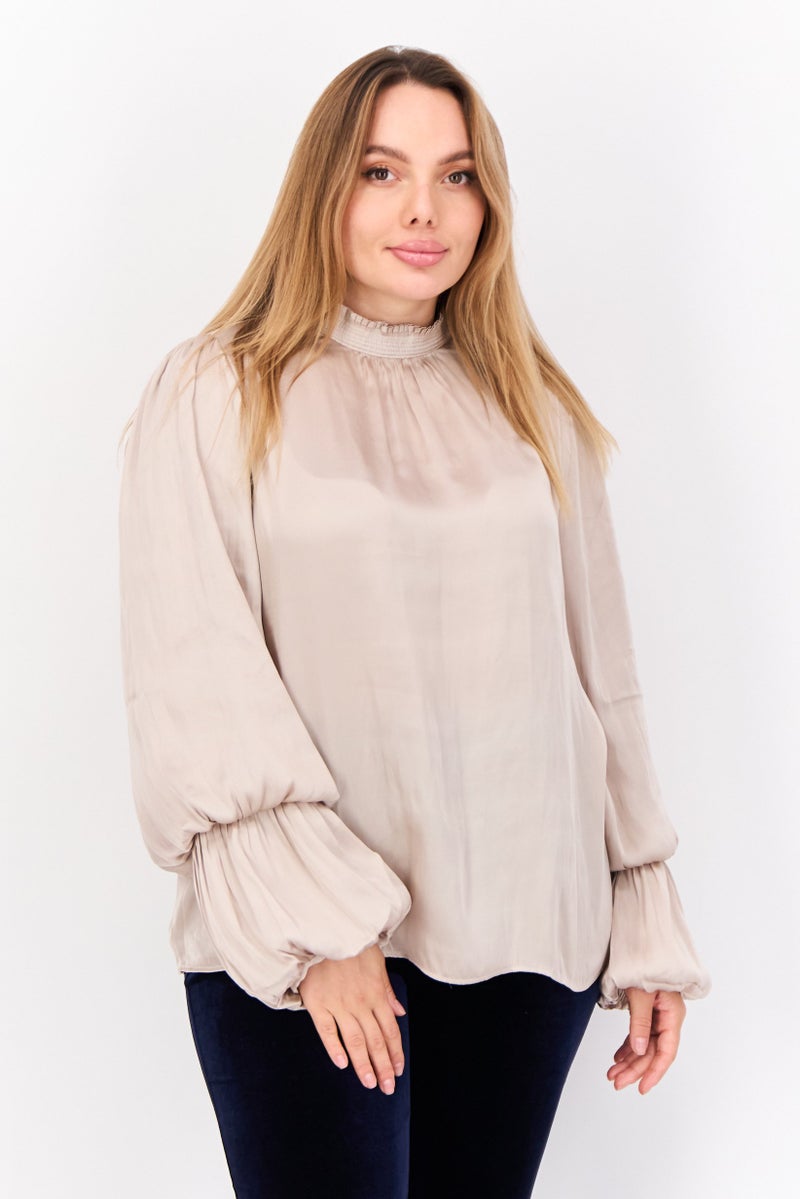 CARMEN MARC VALVO Women High Neck Balloon Sleeves Plain Top, Light Tan - Image 1