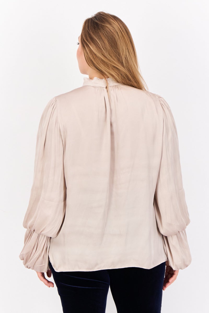 CARMEN MARC VALVO Women High Neck Balloon Sleeves Plain Top, Light Tan - Image 3