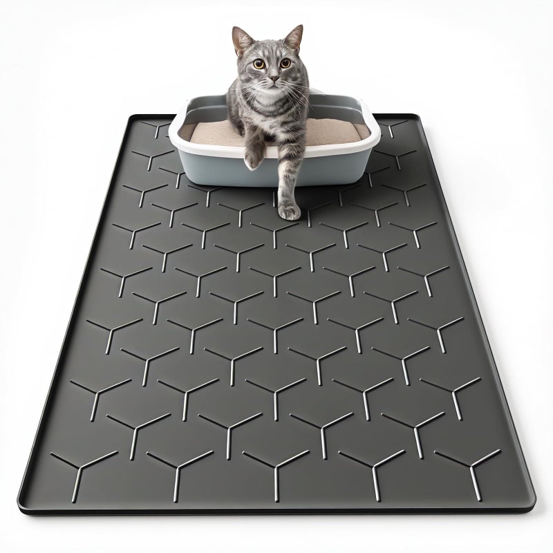 Garoopion Silicone Cat Litter Trapping Mat, Large Waterproof 34" X 22" Cat Litter Box Mat, Easy to Clean, Black - Image 1