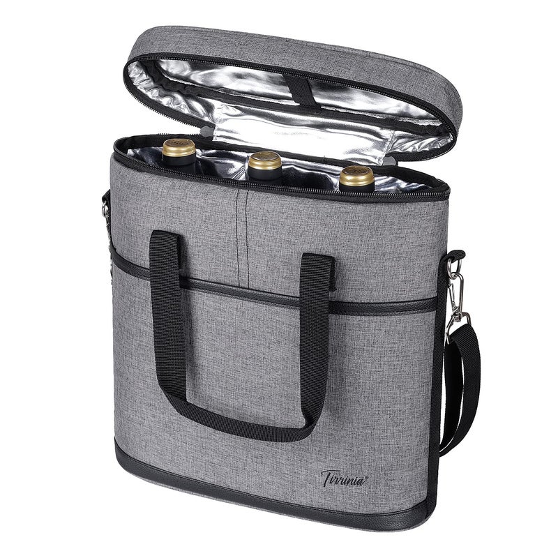Tirrinia Insulated Wine Gift carrier 3 Bottle Travel Wine Carry Cooler Tote Bag with Handle and Adjustable Shoulder Strap Grey