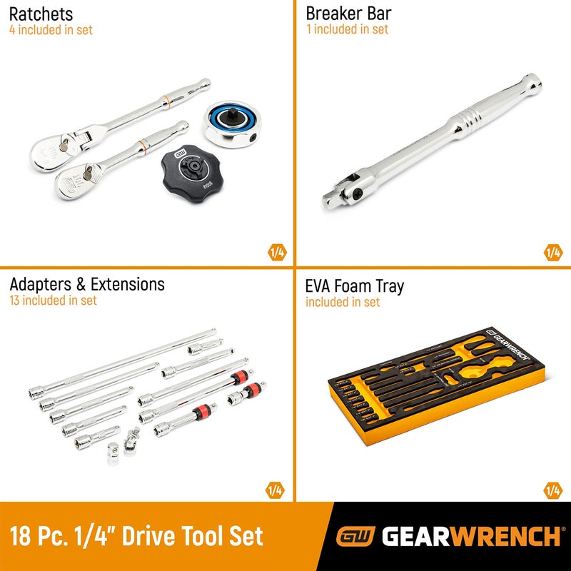 GEARWRENCH 18 Piece 1/4" 90T Ratchet & Drive Tool Set with EVA Foam Tray - 86520 - Image 2