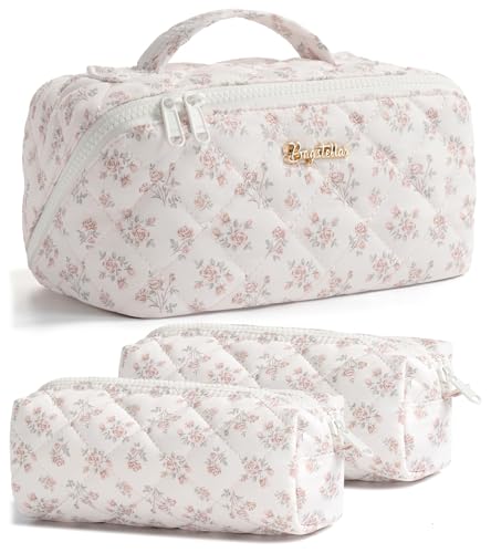 Bagstellar Travel Makeup Bag, 3 Pcs Large Capacity Puffy Toiletry Bag for Women, Open Flat Make up Cosmetic Organizer w/Handle & Clear Divider Water-resistant Portable Pouch Travel Essentials, M-Beige Rose - Image 1
