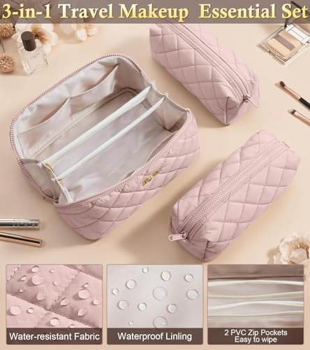 Bagstellar Travel Makeup Bag, 3 Pcs Large Capacity Puffy Toiletry Bag for Women, Open Flat Make up Cosmetic Organizer w/Handle & Clear Divider Water-resistant Portable Pouch Travel Essentials, M-Beige Rose - Image 5