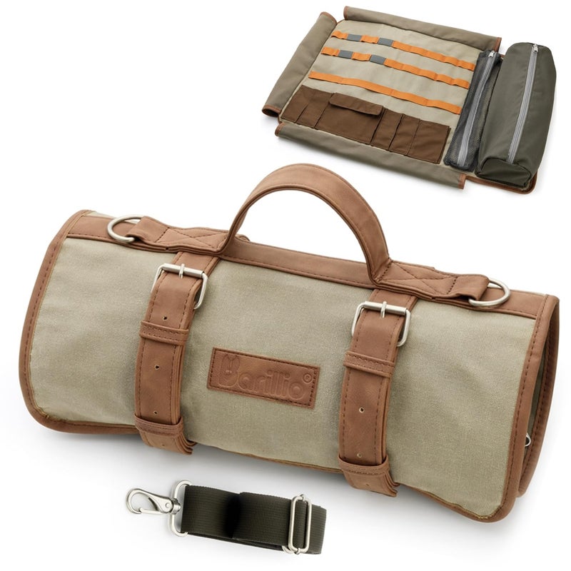 barillio حقيبة بارتيندر باريللو بدون أدوات حقيبة سفر أنيقة من قماش مشمع قابلة لللف لحمل أدوات البار ومجموعة خفاقة الكوكتيل مع حزام كتف حقيبة بارتيندينغ للسفر قابلة للطي