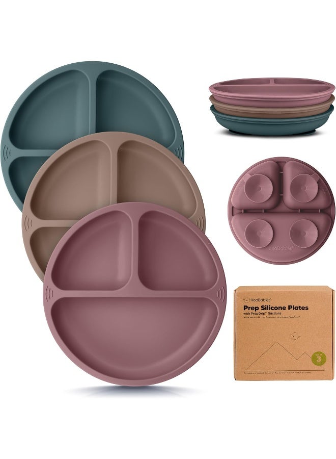 KeaBabies Children's Plates for Baby, Toddler - Pack of 3, 100% Silicone Baby Plates with Suction Cup, Split Children's Plates with Dividers, Silicone Plates for Baby, BPA-Free, Microwave Safe (Rocky) - Image 1
