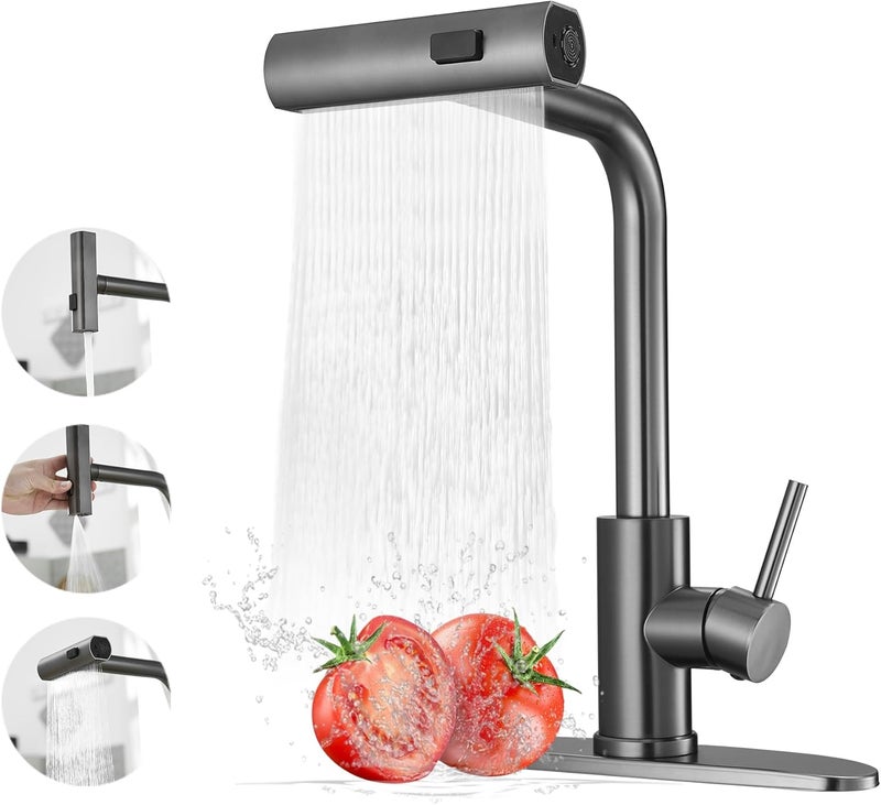 JOOM Kitchen Faucets with Pull Down Sprayer,Waterfall Kitchen Sink Faucet,Commercial Utility Stainless Steel Kitchen Faucets,Single Handle Kitchen Sink Faucet with Pull Down Sprayer for 3 Function,Grey - Image 1