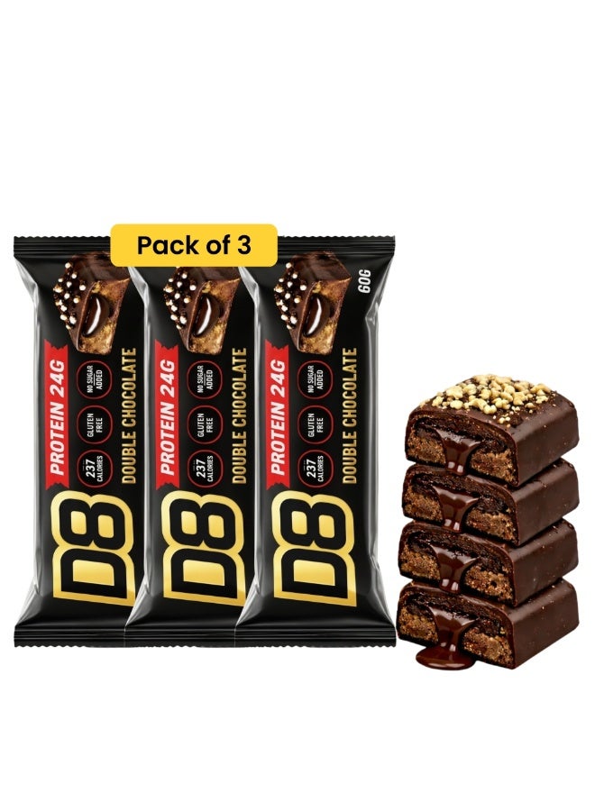 D8 Protein Double Chocolate Bar | 24g Protein Per Bar | No Added Sugar, Gluten Free, Low Calorie | 60g Nutrition Bar for Men & Women | Pack of 3 - Image 1