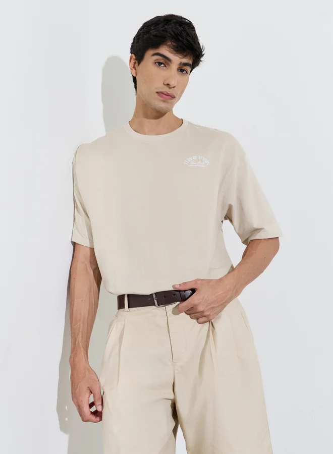 Men Beige Tennis Graphic Print Oversized T-Shirt