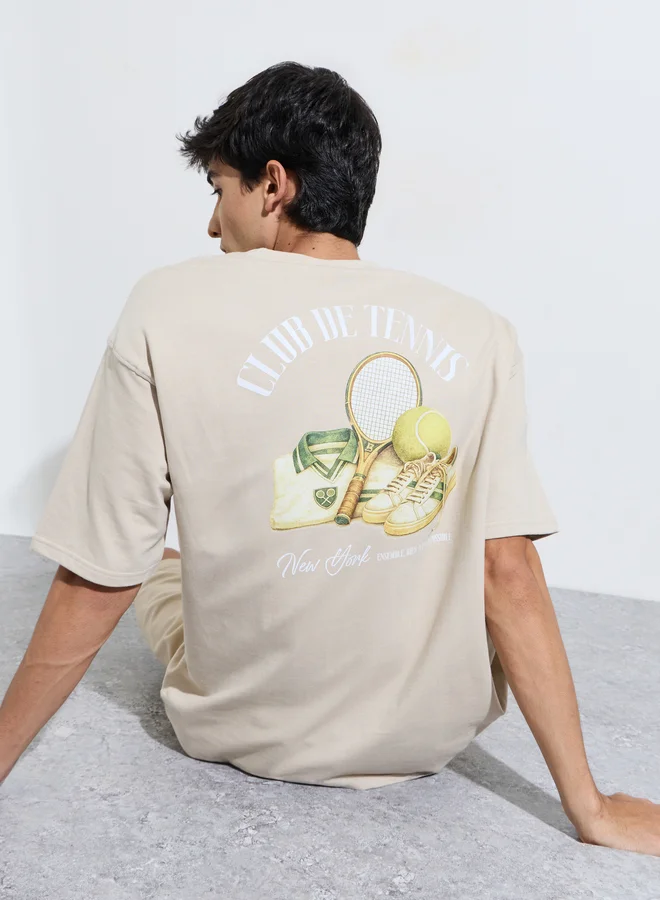 Styli  Men Beige Tennis Graphic Print Oversized T-Shirt for Men | Best Price UAE