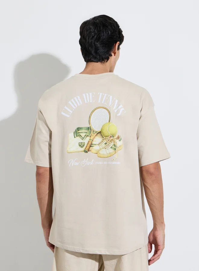 Styli  Men Beige Tennis Graphic Print Oversized T-Shirt for Men | Best Price UAE