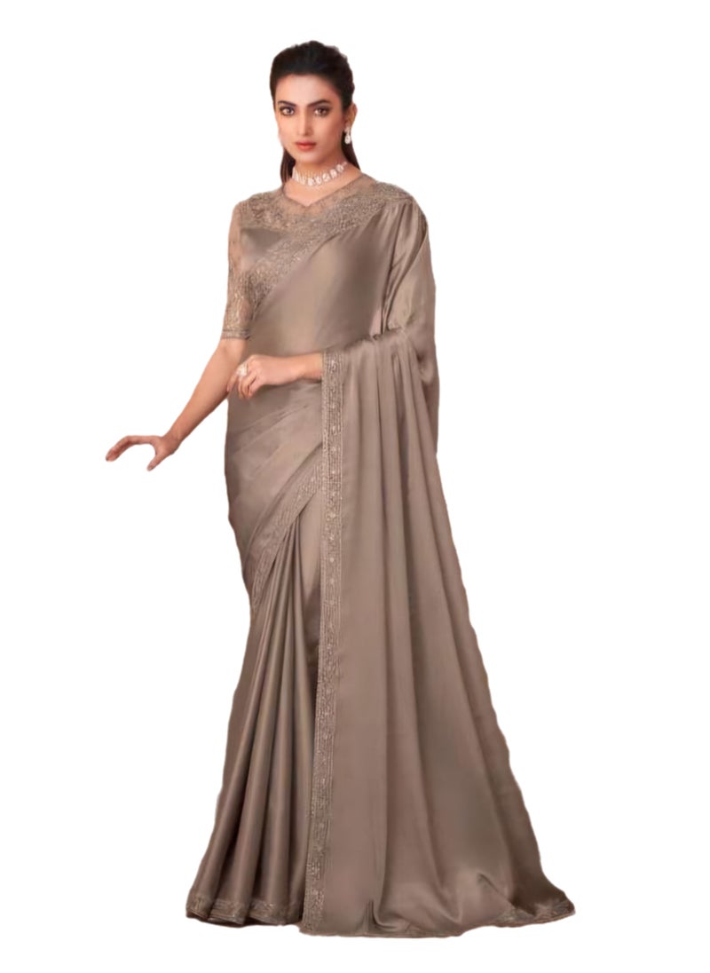 Grab Mantra Pure Satin Golden Silk Saree With Embroidered Work And Border Plus Designer Net Fancy Unstitched Blouse  - Image 1