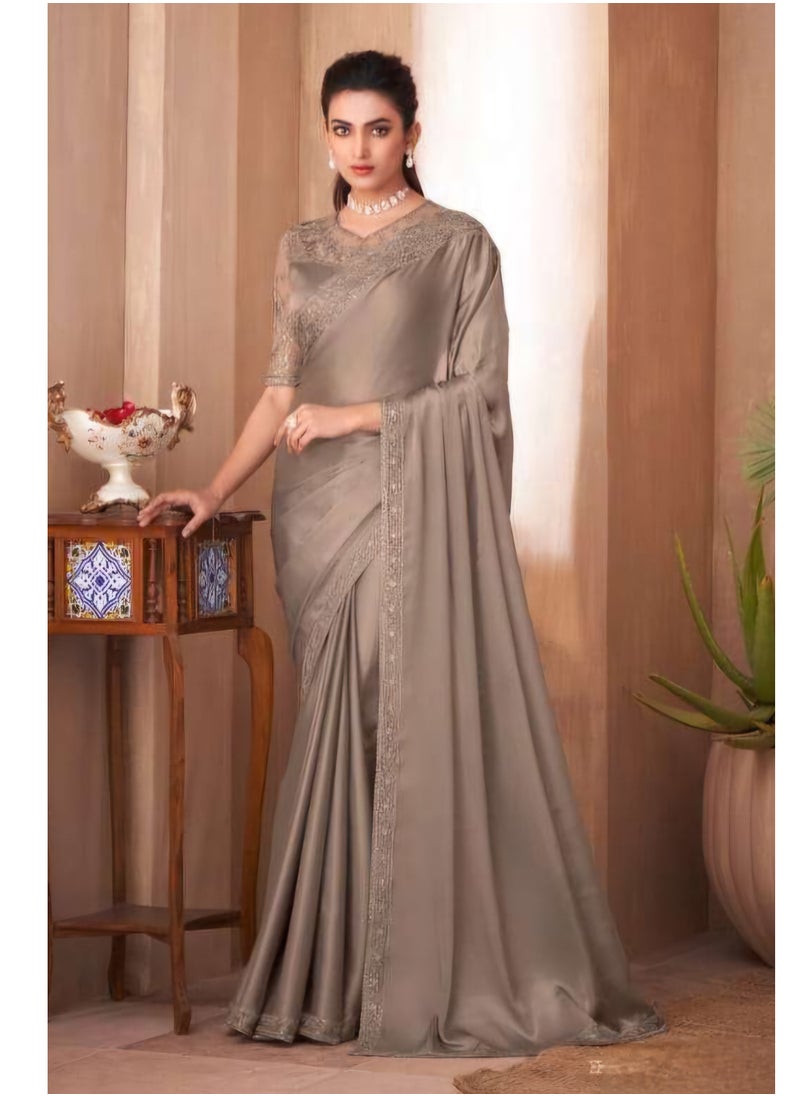 Grab Mantra Pure Satin Golden Silk Saree With Embroidered Work And Border Plus Designer Net Fancy Unstitched Blouse  - Image 2