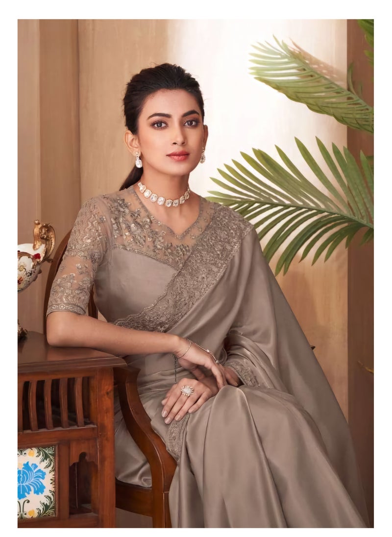 Grab Mantra Pure Satin Golden Silk Saree With Embroidered Work And Border Plus Designer Net Fancy Unstitched Blouse  - Image 3