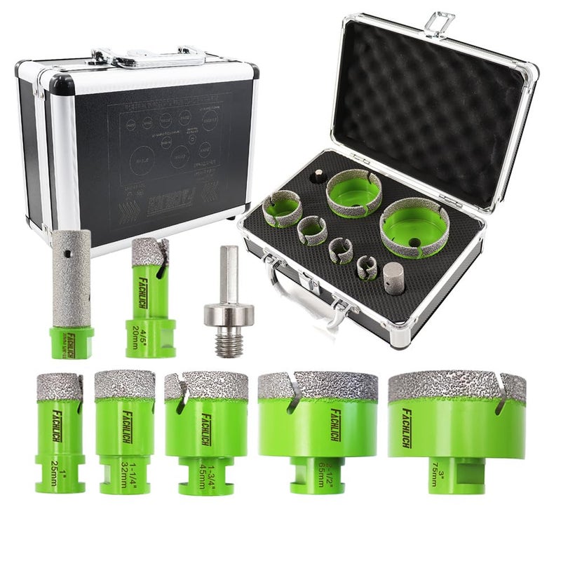 FACHLICH Diamond Core Drill Bits Set 8pcs Tile Hole Saw Kit 202532456575mm20FHex for Porcelain Ceramic Tile Granite Marble