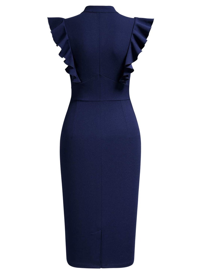 Knitee Women's Vintage Ruffle Sleeve V-Neck Bodycon Evening Party Cocktail Pencil Sheath Dress (A-Navy Blue, X-Large) - Image 4