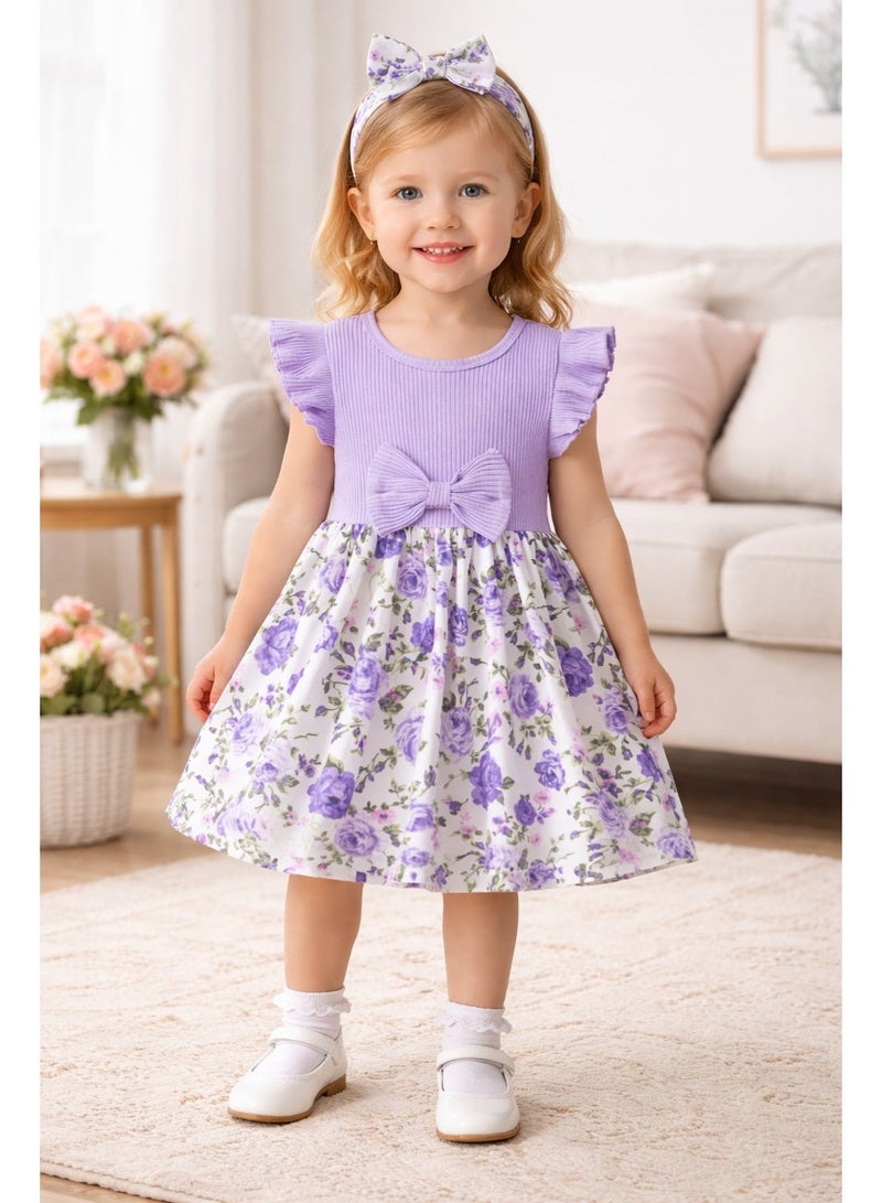 Smarties AE Girls Floral Dress with Bow & Headband Set | Short Sleeve Ribbed Top Party Dress | Soft Cotton Blend | 18 Months – 3 Years Toddler Girls Outfit (Pink & Purple) - Image 1