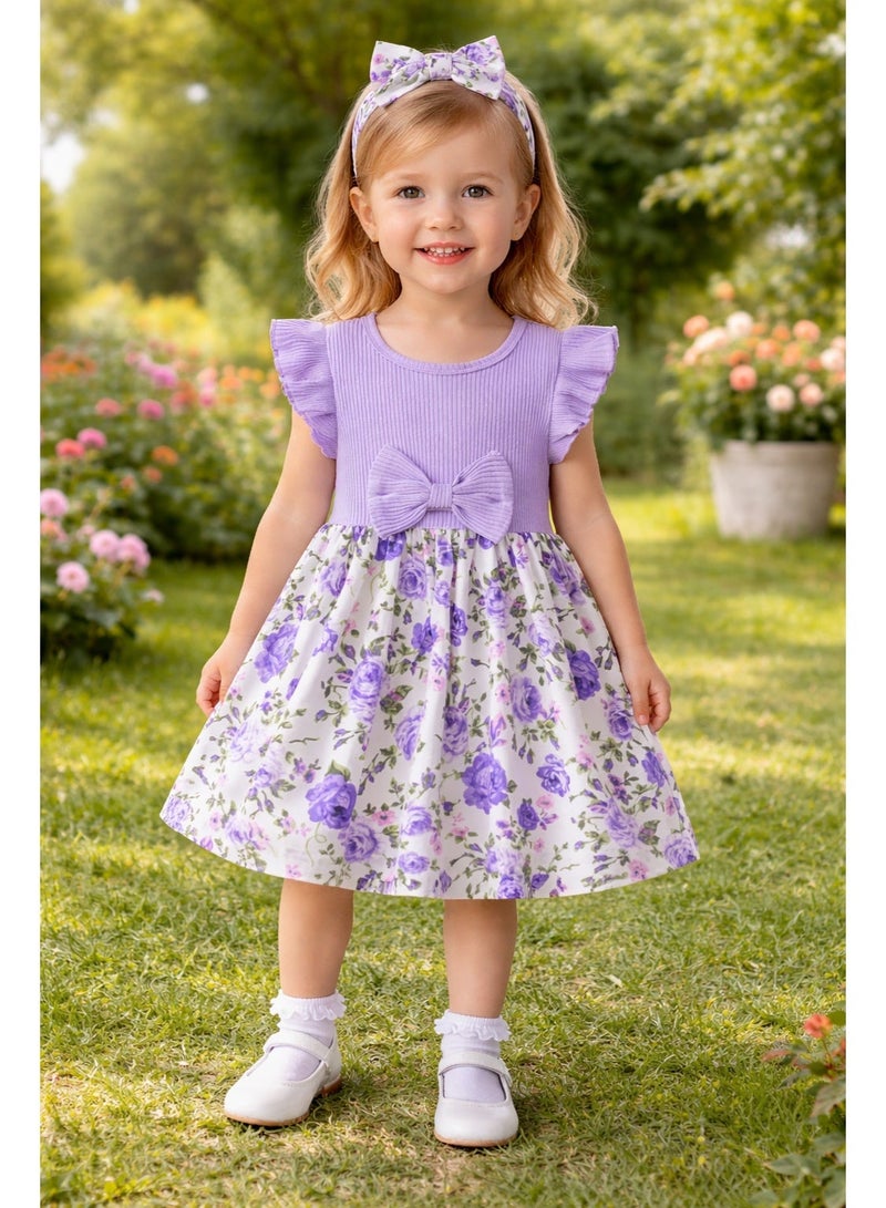 Smarties AE Girls Floral Dress with Bow & Headband Set | Short Sleeve Ribbed Top Party Dress | Soft Cotton Blend | 18 Months – 3 Years Toddler Girls Outfit (Pink & Purple) - Image 4
