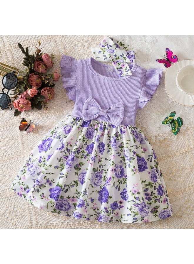 Smarties AE Girls Floral Dress with Bow & Headband Set | Short Sleeve Ribbed Top Party Dress | Soft Cotton Blend | 18 Months – 3 Years Toddler Girls Outfit (Pink & Purple) - Image 2