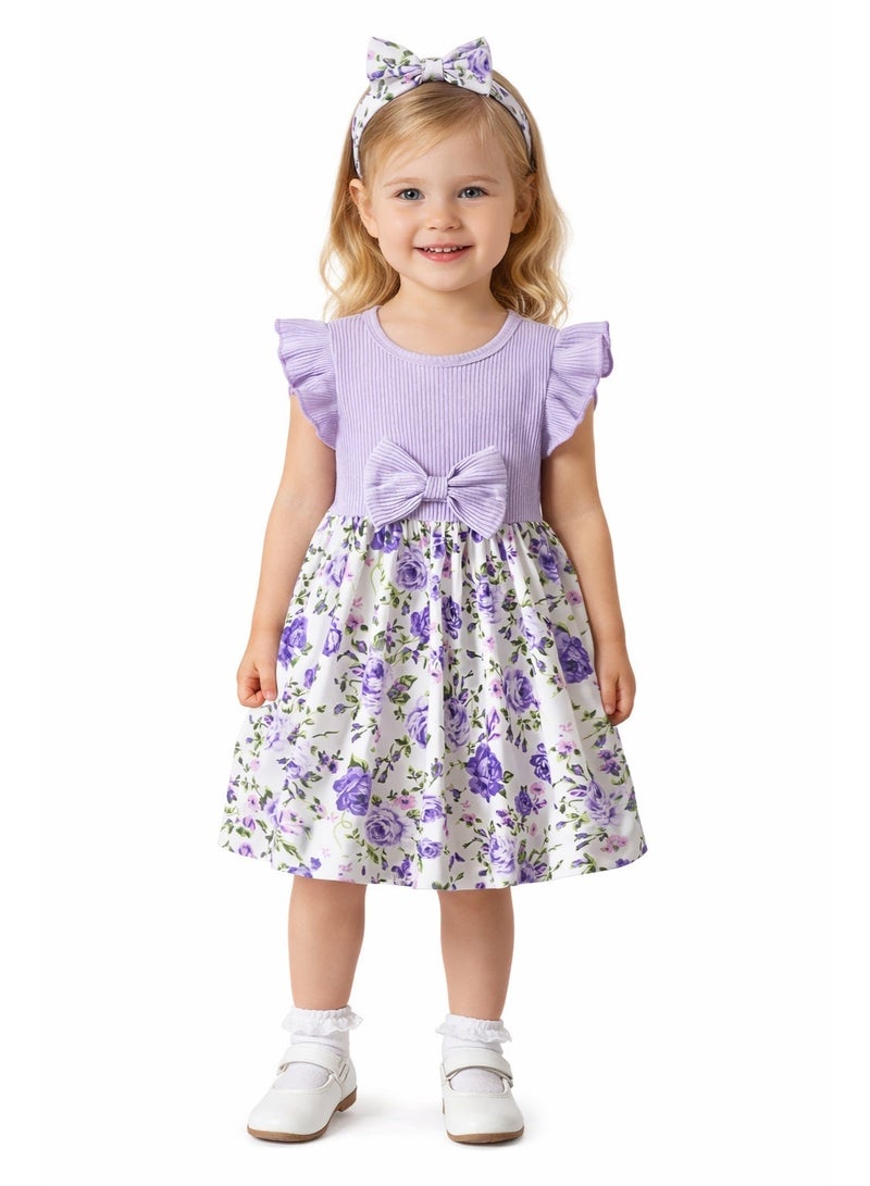 Smarties AE Girls Floral Dress with Bow & Headband Set | Short Sleeve Ribbed Top Party Dress | Soft Cotton Blend | 18 Months – 3 Years Toddler Girls Outfit (Pink & Purple) - Image 5
