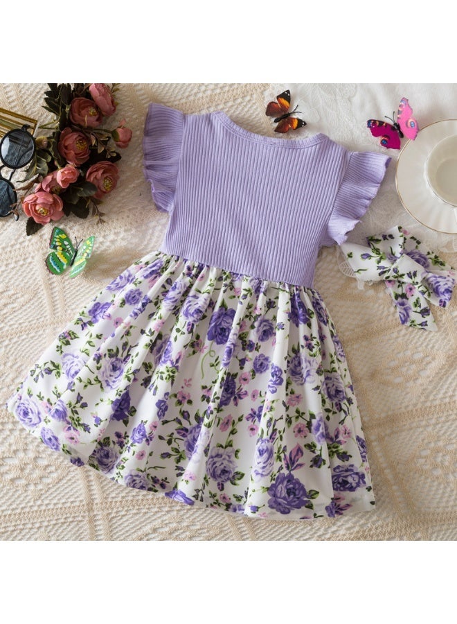 Smarties AE Girls Floral Dress with Bow & Headband Set | Short Sleeve Ribbed Top Party Dress | Soft Cotton Blend | 18 Months – 3 Years Toddler Girls Outfit (Pink & Purple) - Image 3