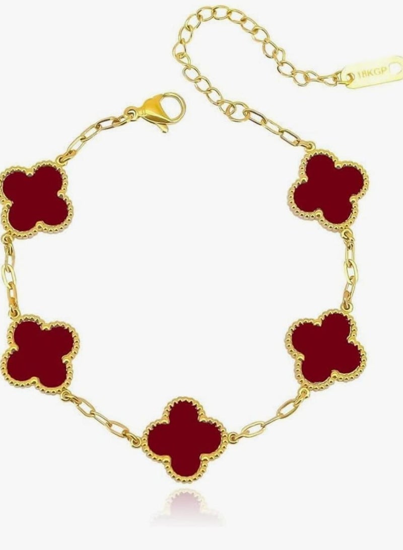 Luxuria 18K Gold Plated Stainless Steel Four Leaf Clover Bracelet for Women - Red - Image 1