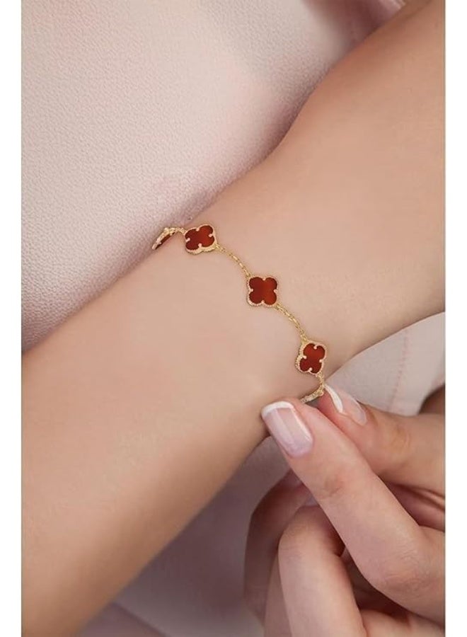 Luxuria 18K Gold Plated Stainless Steel Four Leaf Clover Bracelet for Women - Red - Image 3