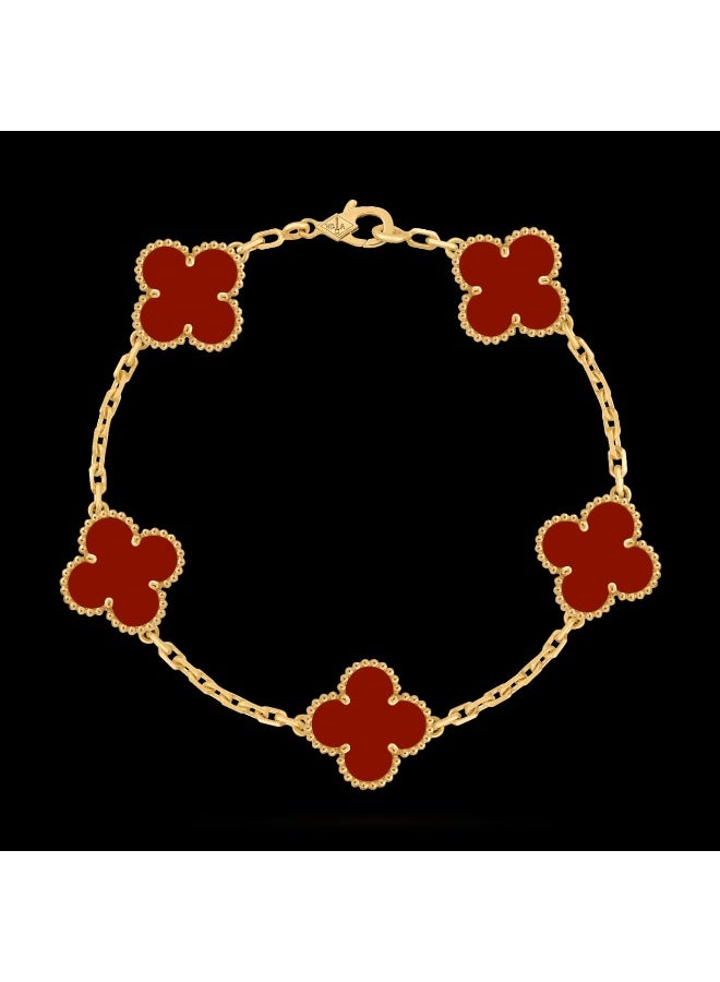 Luxuria 18K Gold Plated Stainless Steel Four Leaf Clover Bracelet for Women - Red - Image 4