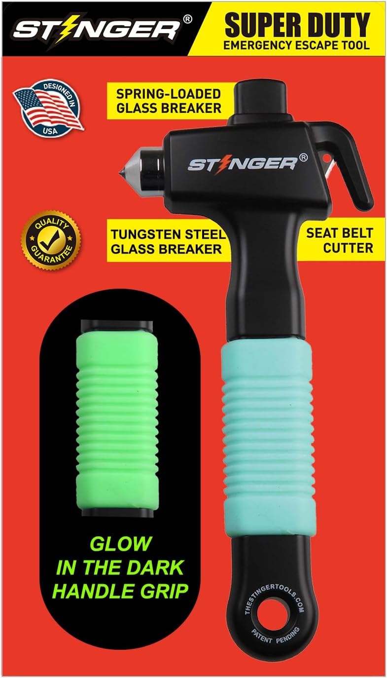 STINGER Super Duty Car Emergency Escape Tool, Hardened Carbon Steel Vehicle Safety Hammer, Spring Loaded Window Breaker, Razor Sharp Seat belt Cutter, Accident Life-Saving Tool (Fluorescent Green) - Image 1