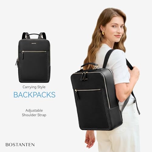 BOSTANTEN Leather Backpack 15.6 inch Laptop Bag Travel Casual Computer Backpack College Business Work Shoulder Bags with Trolley Sleeve for Women Men Black - Image 2