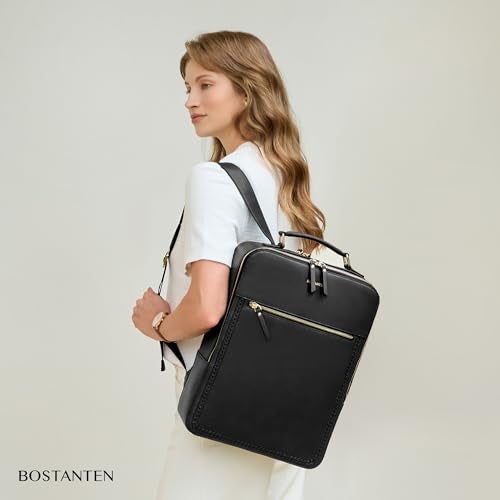 BOSTANTEN Leather Backpack 15.6 inch Laptop Bag Travel Casual Computer Backpack College Business Work Shoulder Bags with Trolley Sleeve for Women Men Black - Image 3