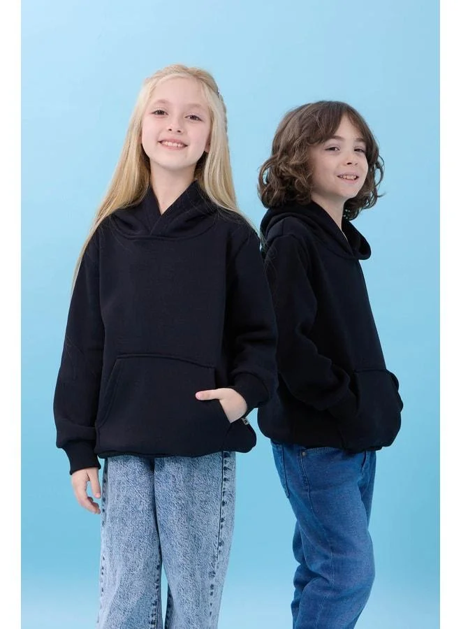 Perendi Unisex Hooded Kangaroo Pocket Ribbed Winter Sweatshirt - Black